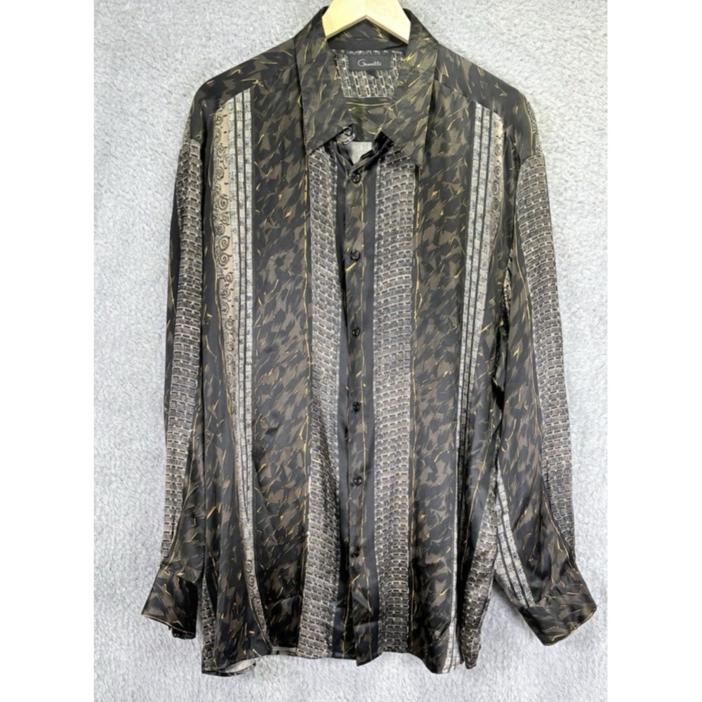 VTG Genelli Mens 2XL 100% Silk Button Up Shirt Abstract Multicolor Long Sleeve